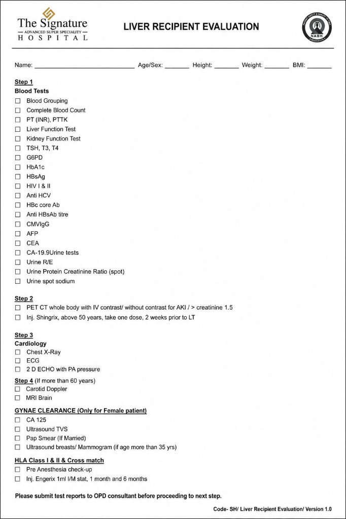 Liver recipient evaluation checklist